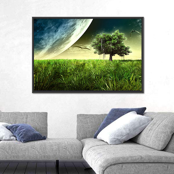 Green Meadow with Pterodactyls Canvas Wall Art