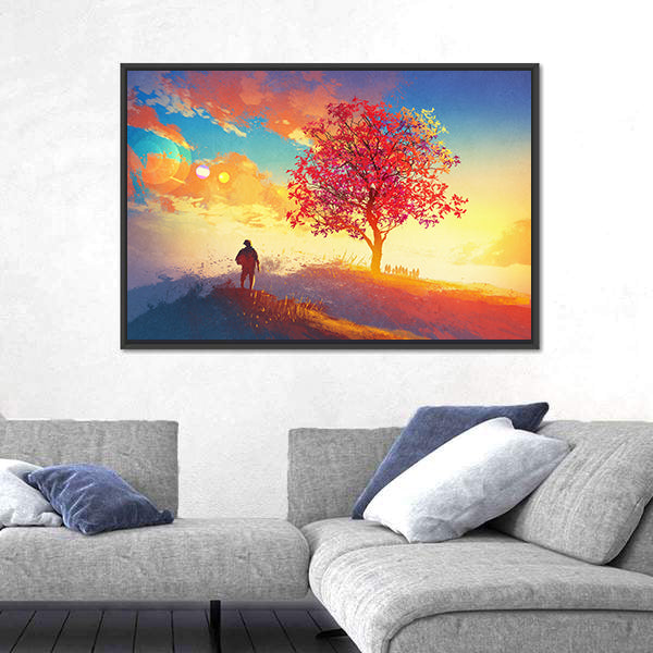 Man Standing Alone In Autumn Mountains Canvas Wall Art