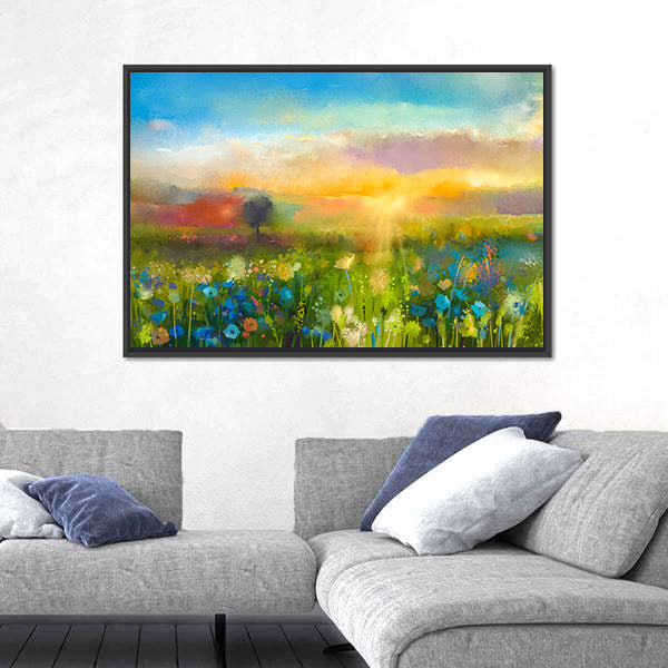 Sunset Over Wildflower Meadow Canvas Wall Art