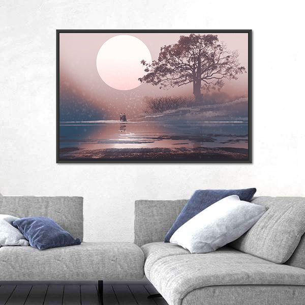 Love Couple Under Moon Canvas Wall Art
