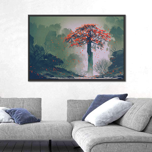 Red Autumn Tree In Winter Forest Canvas Wall Art