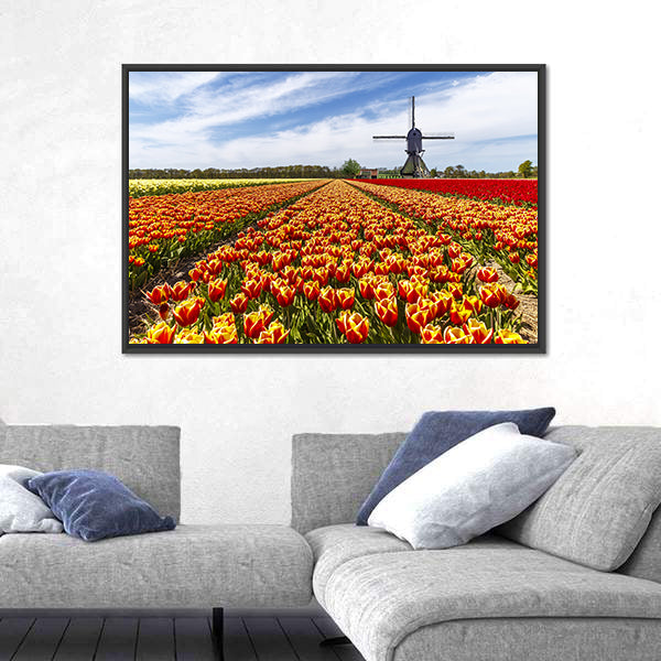 Colorful Tulip Field with Dutch Windmill Canvas Wall Art