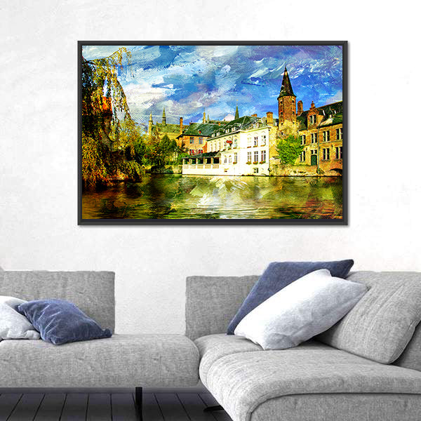 Belgian Canal in a Small Town Canvas Wall Art