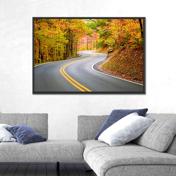 Winding Road Through Fall Forest In Appalachian Mountains Canvas Wall Art