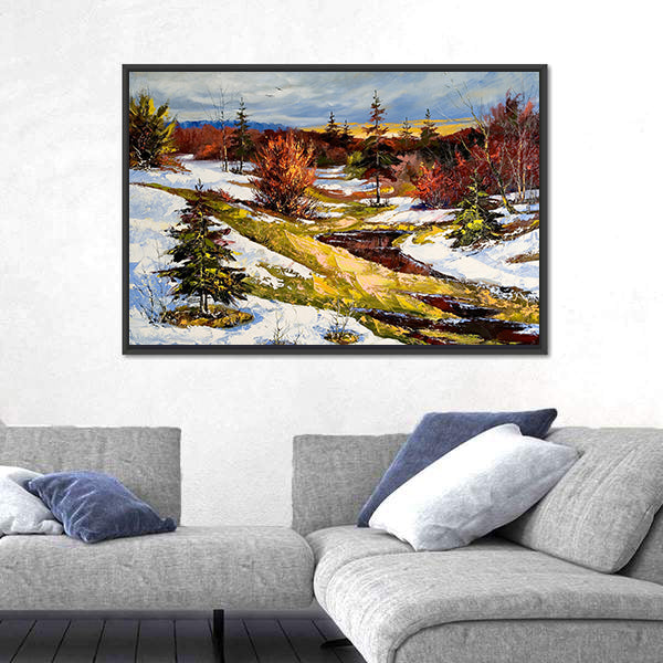Snowy Stream at Sunset Canvas Wall Art