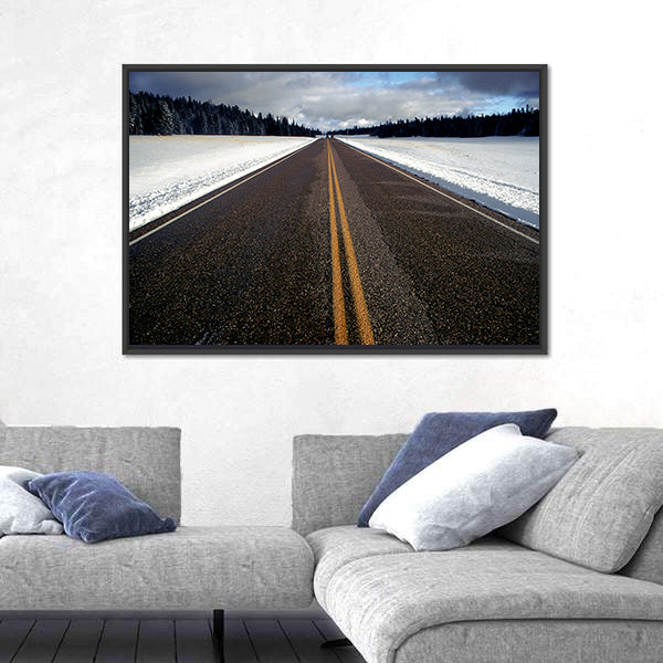 Straight Strip Of Road In Winter Canvas Wall Art