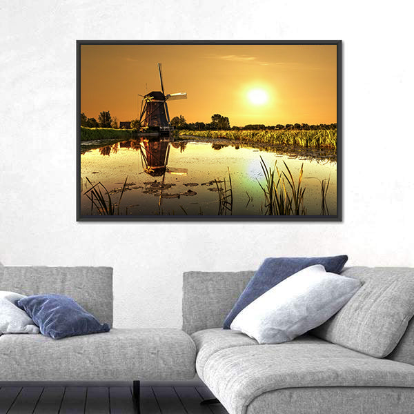 Dutch Windmill At Kinderdijk In Netherlands Canvas Wall Art