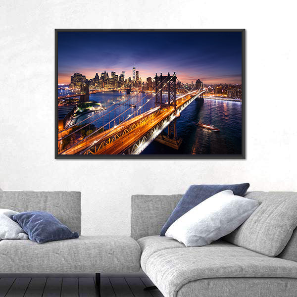 Dusk Over Manhattan Bridge Canvas Wall Art