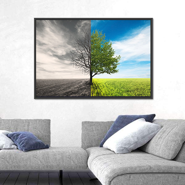 Lonely Tree In Field Canvas Wall Art