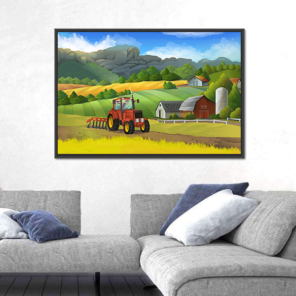 Red Tractor on Sunny Farm Landscape Canvas Wall Art