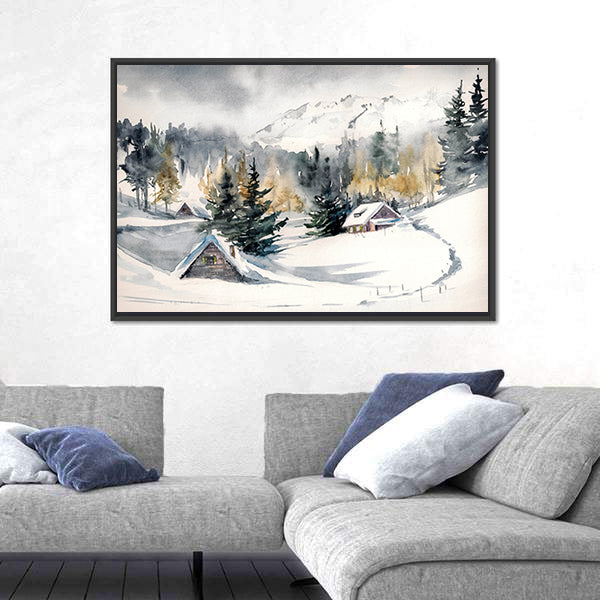 Snowy Mountain Village Canvas Wall Art