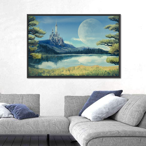 Gothic Castle by Moonlit Lake Canvas Wall Art