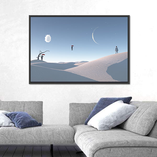 Floating Man with Umbrella in Surreal Desert Canvas Wall Art