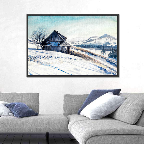 Small House In Winter Mountains Canvas Wall Art