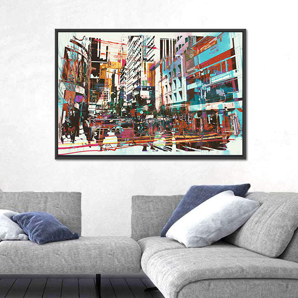 Energetic Abstract Cityscape in Cyan and Red Canvas Wall Art