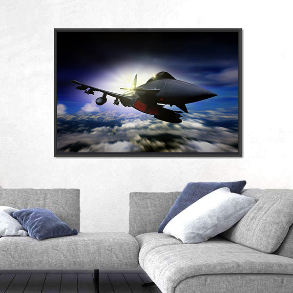 Military Jet Flying During Sunrise Canvas Wall Art