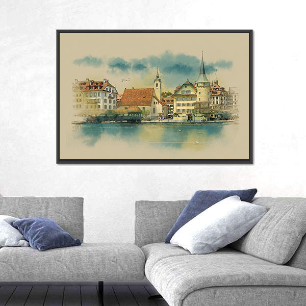 Sketch Of Lucerne Town In Switzerland Canvas Wall Art