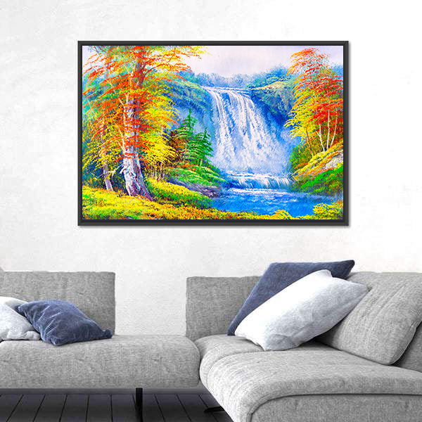 Autumn Waterfall with Colorful Foliage Canvas Wall Art