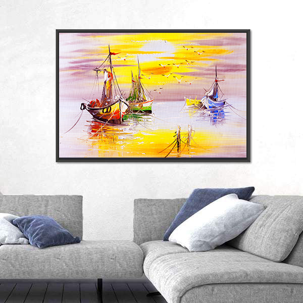 Boats With Sunset Canvas Wall Art