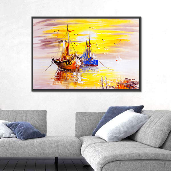 Boats With Sunset Canvas Wall Art