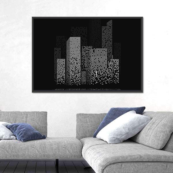 Pixelated Night City Skyline Canvas Wall Art