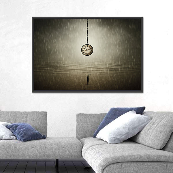 Rainy Night Silhouette with Pocket Watch Canvas Wall Art