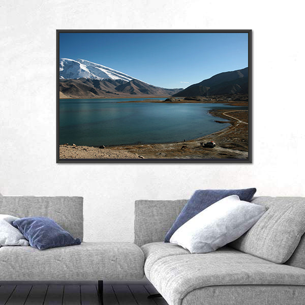 Mountain Muztahgata And Kara Kul Lake In Xinjiang China Canvas Wall Art