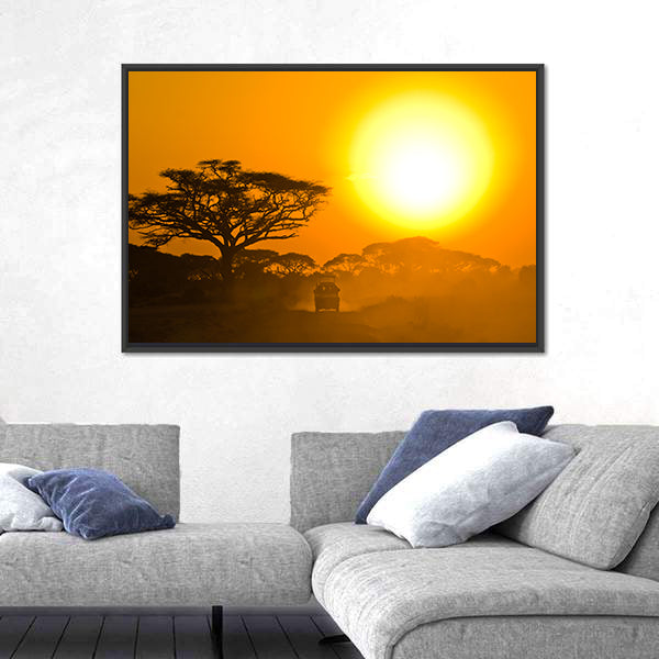 Safari Jeep Driving Through Savannah In The Sunset Africa Canvas Wall Art
