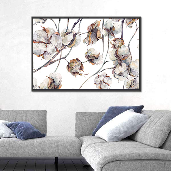 Cotton Bolls Watercolor Pattern Canvas Wall Art