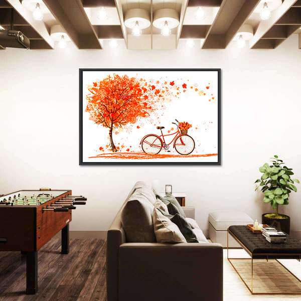 Bicycle Under Autumn Tree Canvas Wall Art