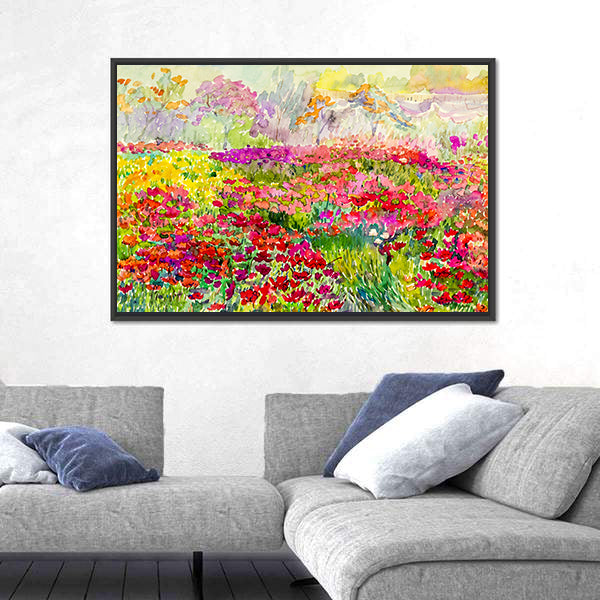 Watercolor Poppy Field in Spring Canvas Wall Art