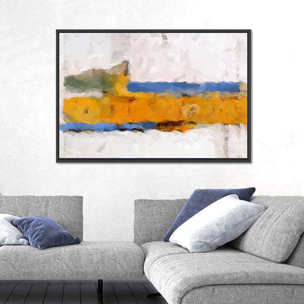 Ochre Yellow Band Abstract with Blue Accents Canvas Wall Art
