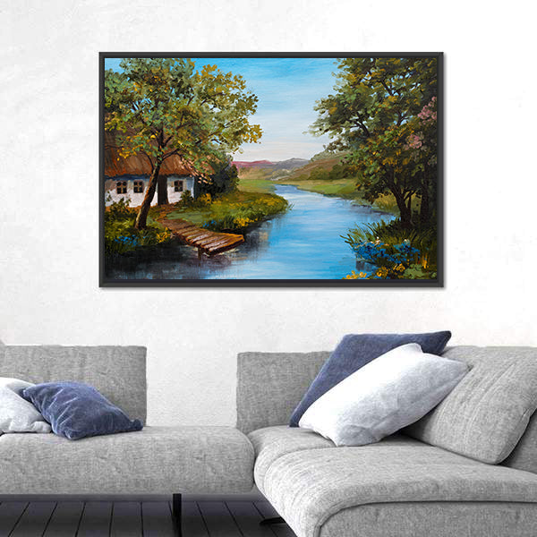 Thatched Cottage by the River Canvas Wall Art