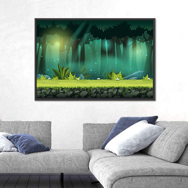 Magical Mist Forest with Fireflies Canvas Wall Art