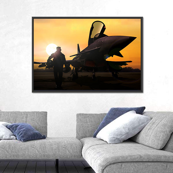 Military Pilot &amp; Aircraft At Airfield Canvas Wall Art