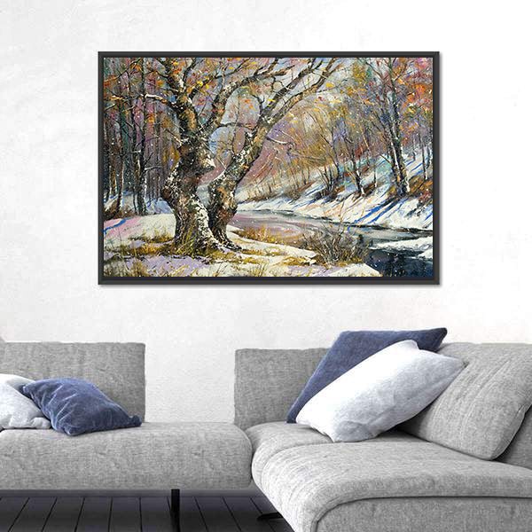 Winter River in Snowy Wood Canvas Wall Art