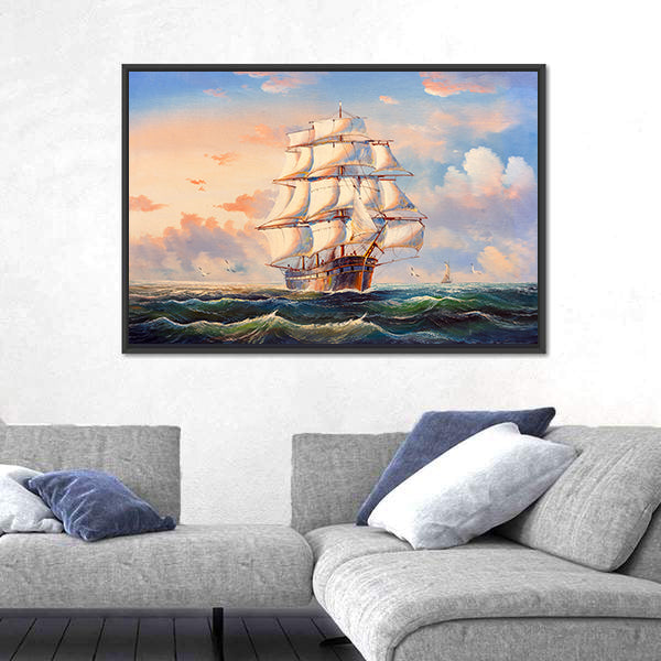 Sailing Boat In Storm Canvas Wall Art