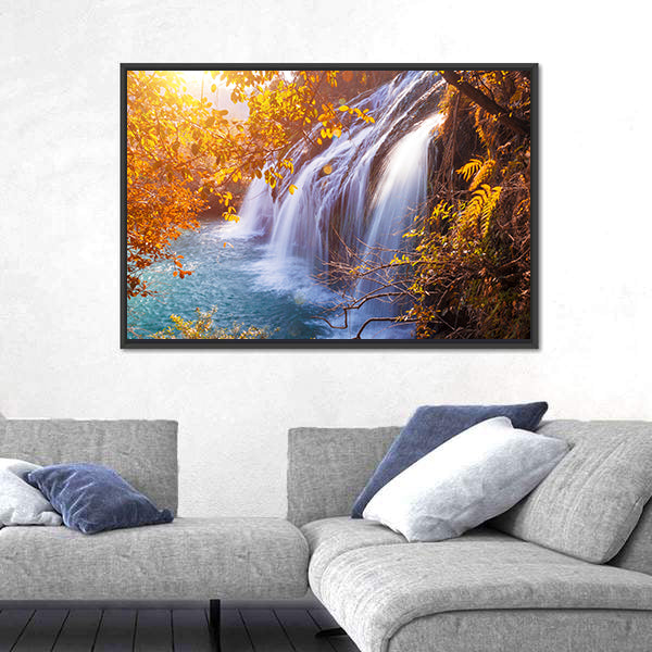 Autumn Waterfall with Sunlit Foliage Canvas Wall Art