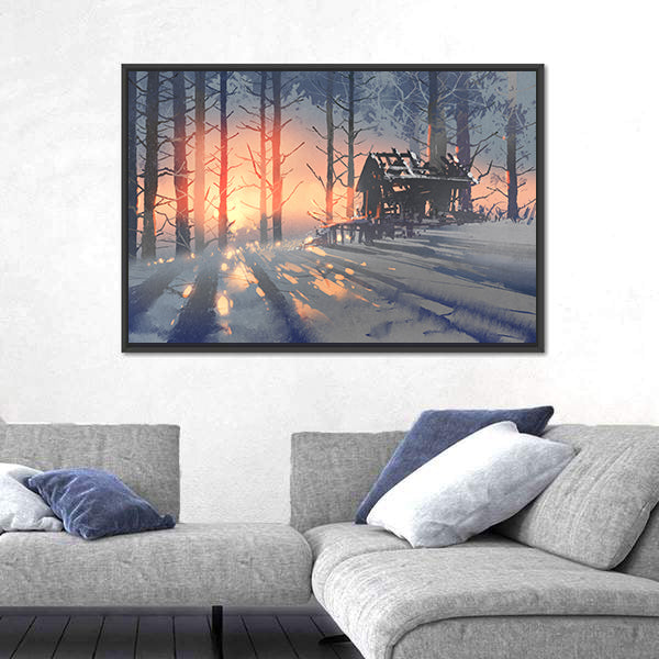 Abandoned House in Winter Forest Canvas Wall Art