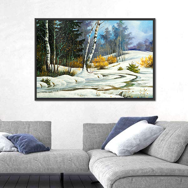 Winter Birch Forest with Frozen Stream Canvas Wall Art