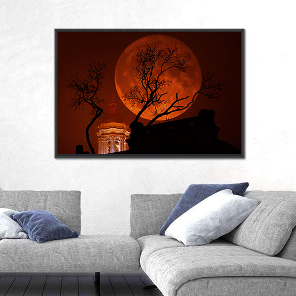 Blood Red Supermoon Over Illuminated Dome Canvas Wall Art