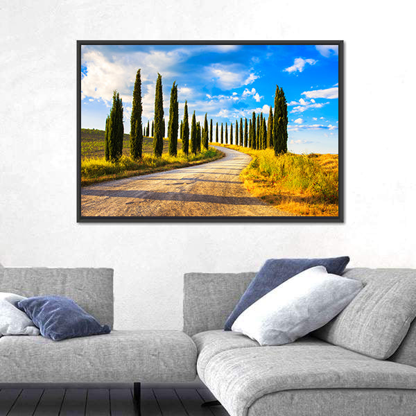 Tuscany Cypress Trees Along Winding Road Canvas Wall Art