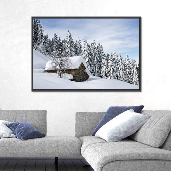 Alpine Hut Under Snow Canvas Wall Art