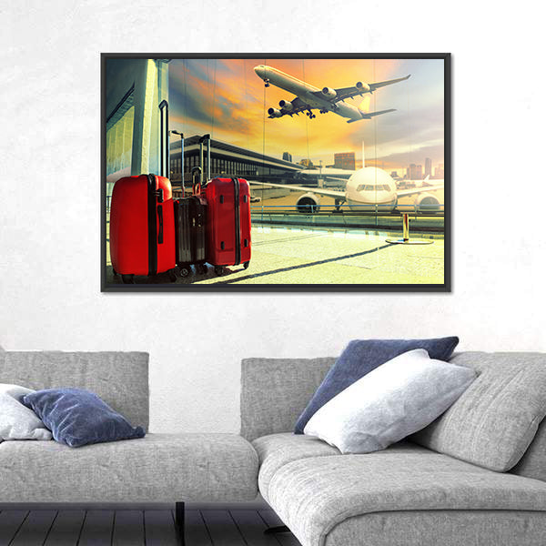 Red Suitcases and Plane at Sunset Canvas Wall Art