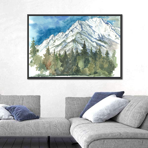Watercolor Snow-capped Mountain and Forest Canvas Wall Art