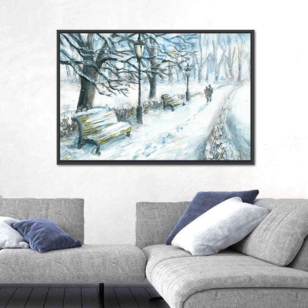 Couple Walking in Snowy Park Canvas Wall Art