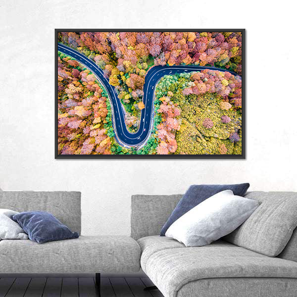 Curved Winding Road Through The Forest Canvas Wall Art