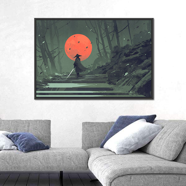 Samurai Standing On Stairway In Night Forest Under Red Moon Canvas Wall Art
