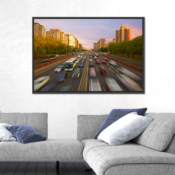 Traffic Crowd In Beijing Canvas Wall Art