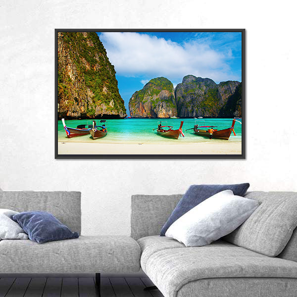 Tropical Beach And Traditional Long Tail Boats In Maya Bay Canvas Wall Art